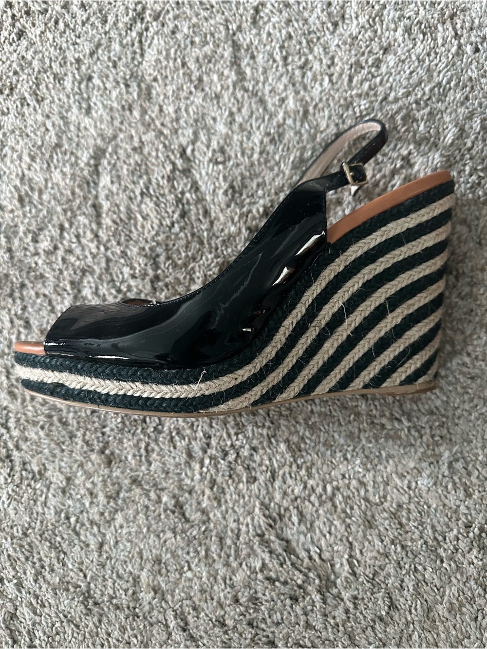 kate spade Black Patent Slingback Espadrille Wedges with Striped Jute Sole